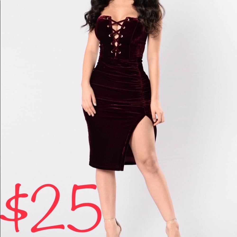 Burgundy Velvet Front Slit Dress